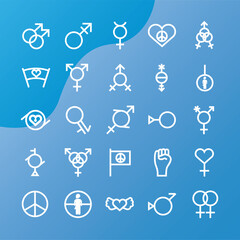 bundle of twenty five gender symbols of sexual orientation degradient style in blue background