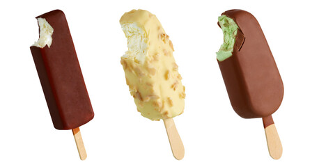 Bitten chocolate ice cream bars on a stick; isolated on white