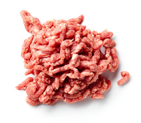 Heap of minced meat isolated on white, from above