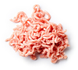 Heap of minced meat isolated on white, from above