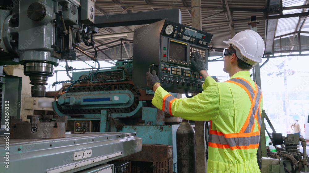 Poster smart factory worker using machine in factory workshop . industry and engineering concept.