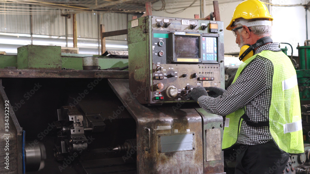Poster smart factory worker using machine in factory workshop . industry and engineering concept.
