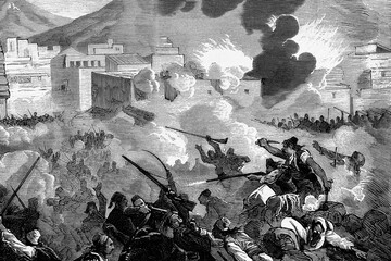 Herzegovina uprising against the Otoman Empire near Trebinje. Antique illustration. 1875.