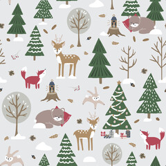 Christmas Woodland Vector Repeat Pattern Cute Animals