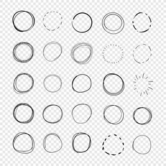 Vector Set of Hand Drawn Circles, Freehand Drawings, Black Scribble Lines, Round Shapes Isolated on Light Transparent Background.