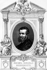 Michelangelo di Lodovico Buonarroti Simoni. Italian sculptor, painter, architect and poet. 1475-1564. Antique illustration. 1875.