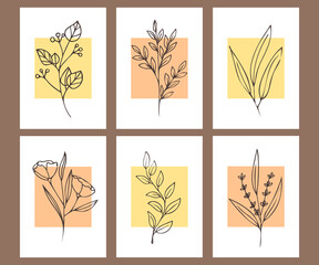 Fototapeta na wymiar Collection of minimalistic posters with plants. Abstraction with a bright accent. Contemporary art. Vector illustration.