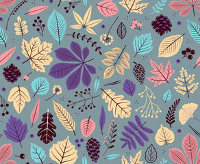 Autumn seamless pattern with leaf, autumn leaf background. Abstract leaf texture. Cute backdrop. Leaf fall. Colorful leaves. Lilac background. The elegant the template for fashion prints.
