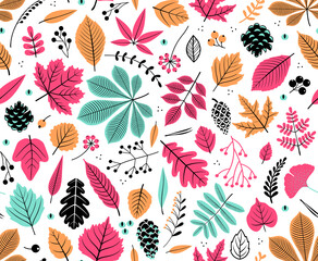 Autumn seamless pattern with leaf, autumn leaf background. Abstract leaf texture. Cute backdrop. Leaf fall. Colorful leaves. White background. The elegant the template for fashion prints. Vector.