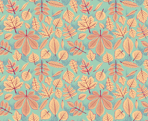 Autumn seamless pattern with leaf, autumn leaf background. Abstract leaf texture. Cute backdrop. Leaf fall. Light orange leaves. Blue background. The elegant the template for fashion prints. Vector.