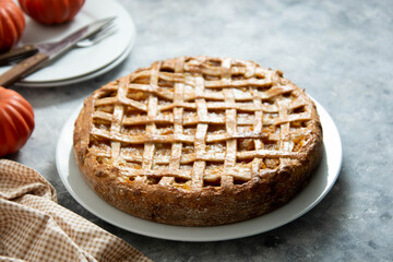 Pumpkin Pie or tart, thanksgiving, halloween or autumn homemade dessert.
