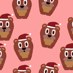 New Year seamless pattern with bears with Santa hat on a pink background