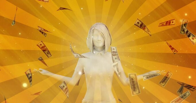 Happy Businesswoman Under a Rain of Cash and Money