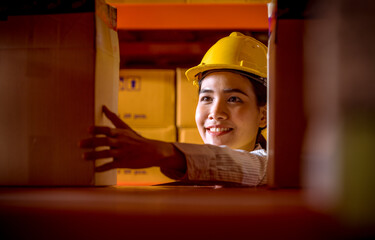 Portrait industry worker posing under to keep boxes of produce on warehouse shelf for...