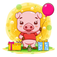 Cute baby pig with many gifts