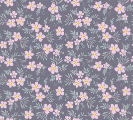 Floral pattern. Pretty flowers on lilac background. Printing with small pink flowers. Ditsy print. Seamless vector texture. Spring bouquet.