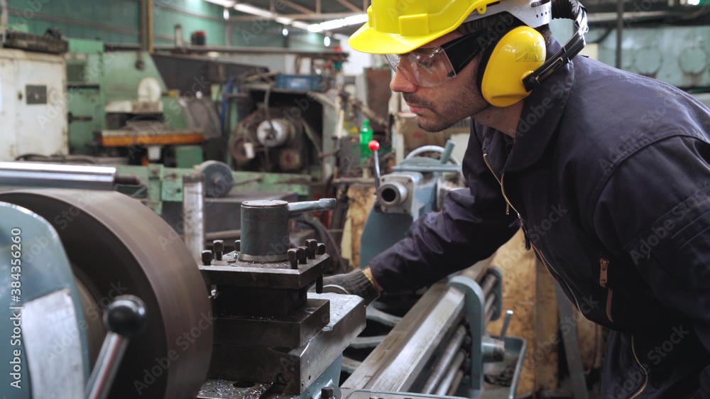 Poster smart factory worker using machine in factory workshop . industry and engineering concept.