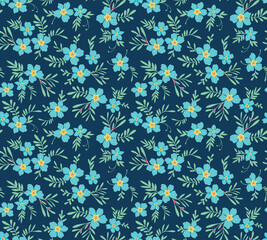 Vintage floral background. Seamless vector pattern for design and fashion prints. Flowers pattern with small light blue flowers on a blue background. Ditsy style.