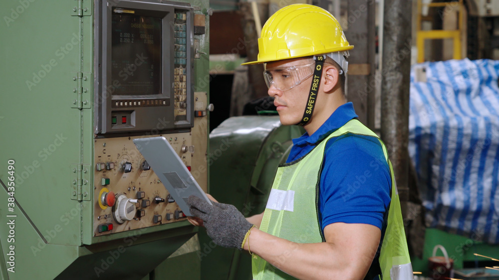 Poster smart factory worker using machine in factory workshop . industry and engineering concept.