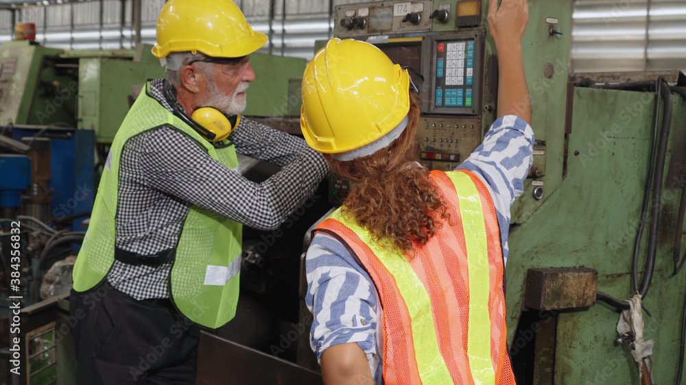 Poster group of factory workers using machine equipment in factory workshop . industry and engineering conc