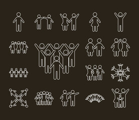 bundle of community and family figures in black background line style icons