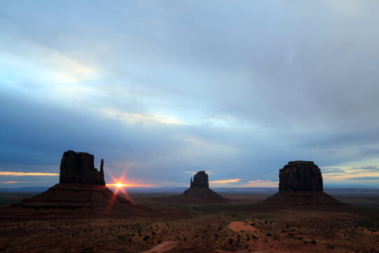 Sunrise View of the Mittens and Merrick Butte. Monument Valley Navajo Tribal Park, Utah, United States