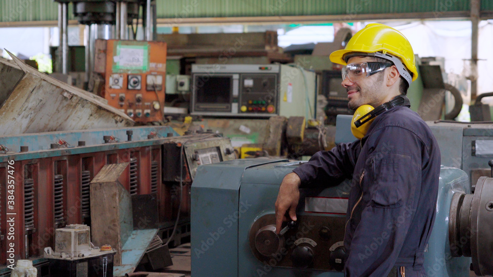 Poster smart factory worker using machine in factory workshop . industry and engineering concept.