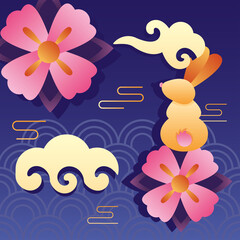 happy mid autumn festival poster with rabbit and flowers in clouds