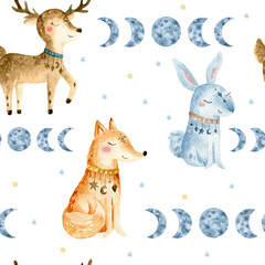 Hand drawn watercolo Seammless pattern. Bohemian illustrations with animals, stars, magic and runes. Cute animals in the Scandinavian style.