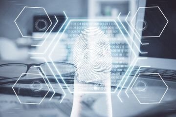 Fingerprint drawing with glasses on the table background. Concept of security. Double exposure.