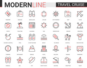 Travel cruise thin red black line icon vector illustration set. Outline tourism mobile app symbols of traveling transport, hotel service for tourists, sea summer beach party items editable stroke