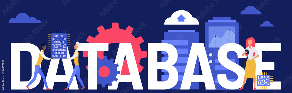 Poster Database creative concept vector illustration. Cartoon flat developer team of people stand next to database word, coders programmers teamwork on data research development, modern technology background