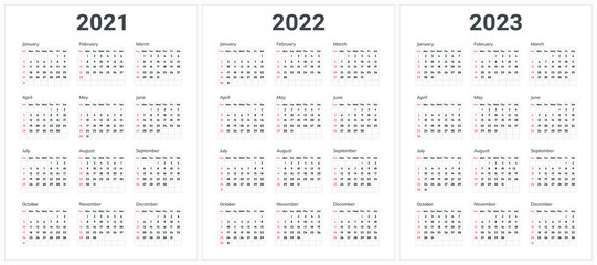 Calendar design for 2021, 2022, 2023 year. Beginning of the week with sunday.
