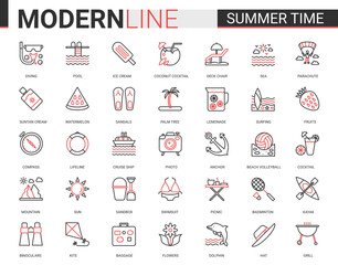 Summer time vacation thin red black line icon vector illustration set. Website outline summertime pictogram app symbols collection with travel or beach holiday items and sport activity editable stroke
