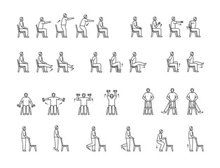 old man sit on chair exercise step icon set