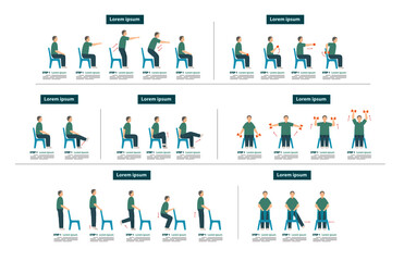 old man sit on chair exercise step cartoon set