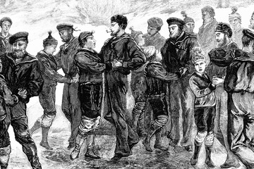 English expedition to the North pole, Godhavn (Greenland), crew of the "Alert" dancing with esquimo women. Antique illustration. 1875.