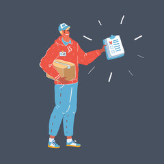 Vector illustration of Delivery concept. Courier holding package in his hand. Man on dark background.
