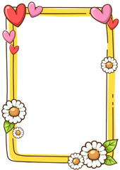 Cute red, pink heart and white flower with yellow vertical rectangle frame. Cute cartoon style element decoration. Used for cute forms, notepad pages, writing memos, and picture frames.