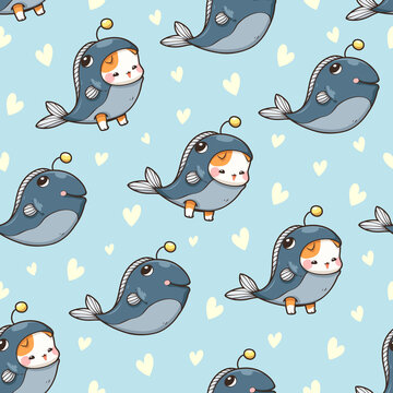 Cute monster cat and fish cartoon seamless pattern. Little cat wearing a fish costume. Vector illustration. Use for decoration, sticker, logo, pattern and more.