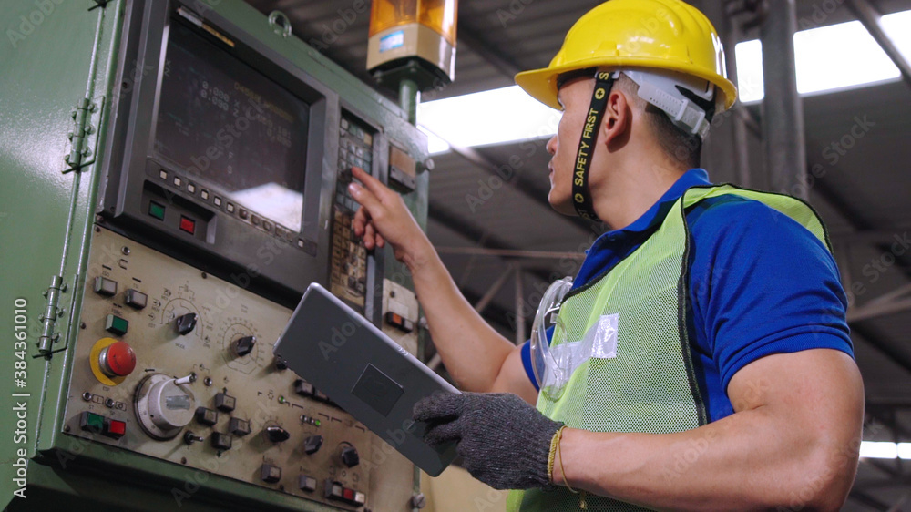 Poster smart factory worker using machine in factory workshop . industry and engineering concept.