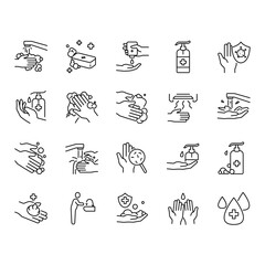 Simple Set of Washing Hands Related Vector Line Icons. Contains such Icons as Washing Instruction, Antiseptic, Soap, Sanitizer, Sink, Hand dryer, Protection shield and more. Editable Stroke