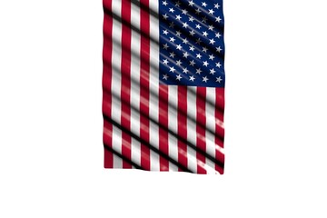 Obraz premium nice shiny flag of USA with large folds hangs from top isolated on white - any celebration flag 3d illustration..
