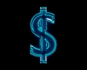 Blue polished neon light glow glassy crystal font - dollar - peso sign isolated on black dark, 3D illustration of symbols