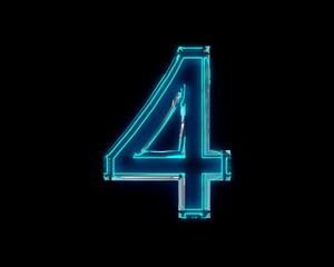 Blue polished neon light glow glassy clear font - number 4 isolated on black dark, 3D illustration of symbols