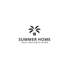 Illustration abstract summer palm tree with house sign logo design template 
