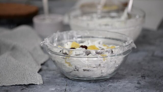 A Step by Step of Making Pancho Cake with Sour Cream, Cherry and Pineapple. Series.