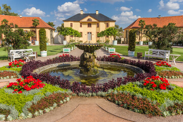 Colorful garden and fountain at the Belvedere castle in Weimar, Germany