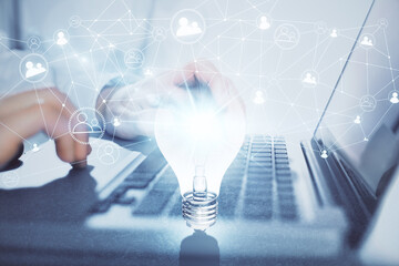 Growing arrows with businessman working on computer on background. Success concept. Double exposure.