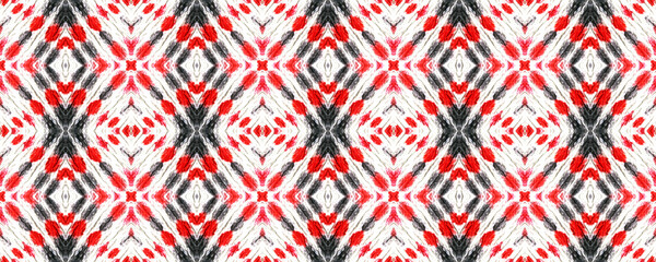 Tribal Boho Pattern. Seamless Tie Dye Ornament. Ikat Persian Print. Abstract Shibori Design. Red, Black, White Seamless Texture. Ethnic Tribal Boho Pattern.